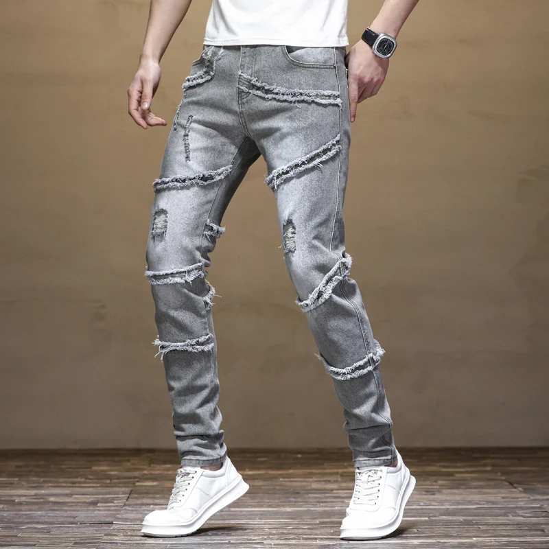 2024 Nieuwe Knappe Gescheurde Stiksels Jeans Mannen Slim Fit Stretch Persoonlijkheid Gerafelde Retro Persoonlijkheid Gewassen Motorbroek