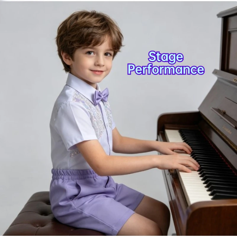Boys Formal Suit Set Kids Embroidery Short Sleeve Shirt Shorts Pants Bowtie Outfit Piano Recital Host Stage Performance Costumes