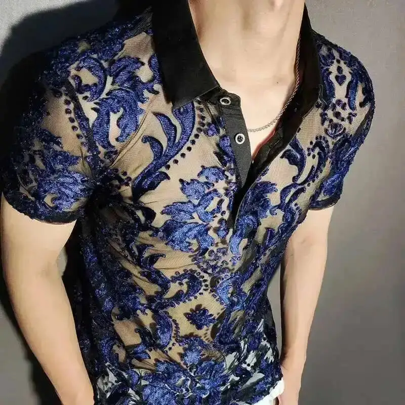

Transparent Blue retro court Floral polo Masculine Soft Velvet Slim Men's Clothing Nightclub Short-sleeved Sexy polo See Through