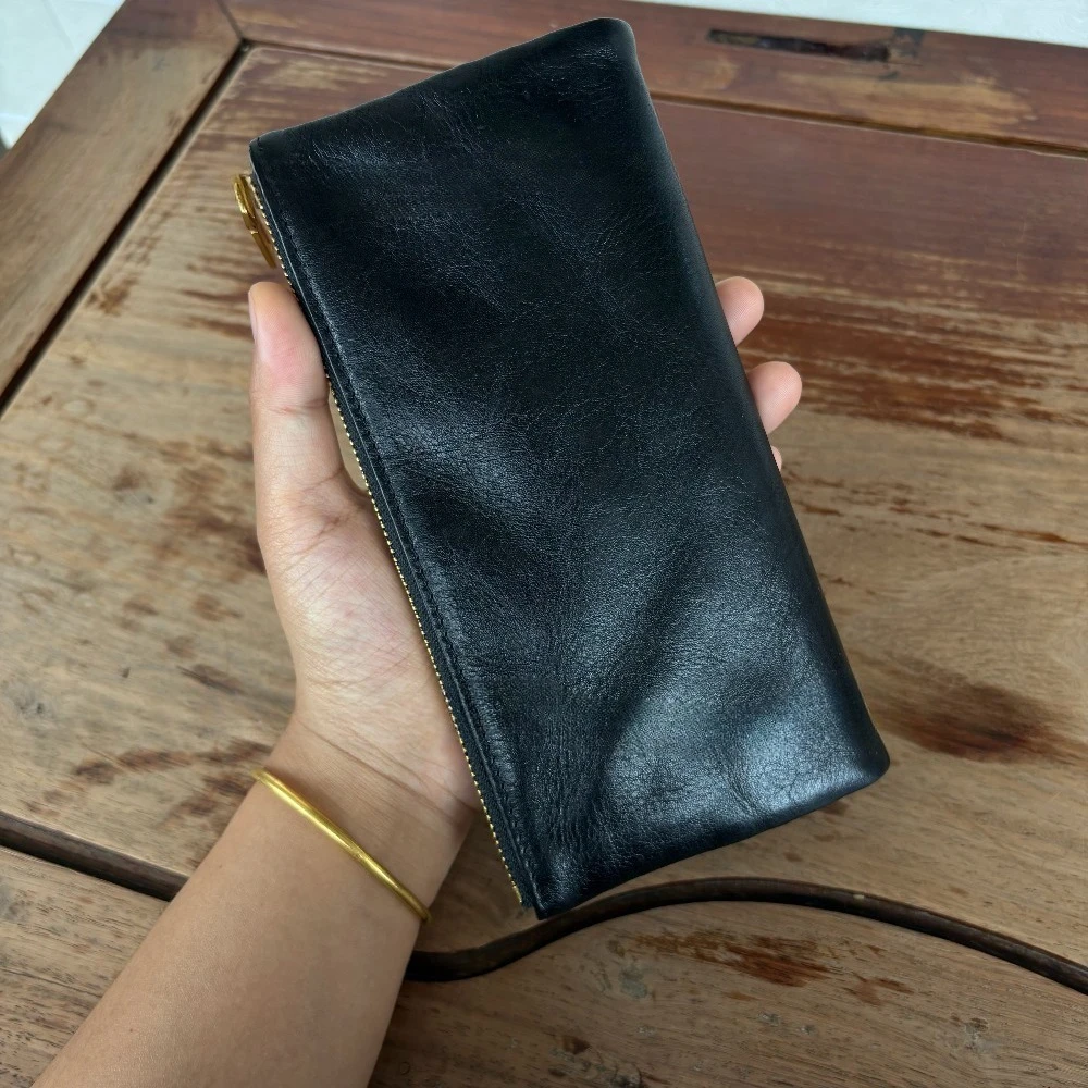 First-layer cowhide long wallet with integrated card holder, portable purse and clutch, unisex multi-functional document bag