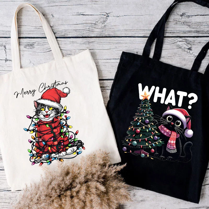 

2026 Новая сумка, черно-белая милая рождественская сумка с принтом кота и верхней ручкой для женщин, портативная сумка для покупок, новогодний подарок