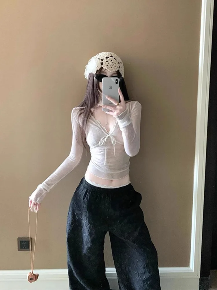 

Sexy Sweet Spicy Long Sve Lace Top Women's Early Spring New Design Slim Fit V Ne ort T irt Faionable Casual Wear