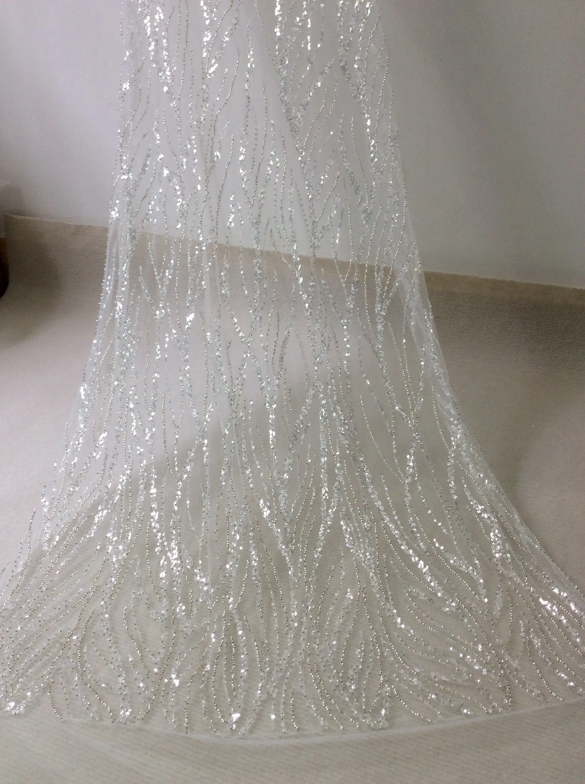 1yard 130cm wide Silvery Glass Beading Sequin Tulle Mesh Lace Fabric Shiny Bride Wedding Dress Gown Sewing Accessory