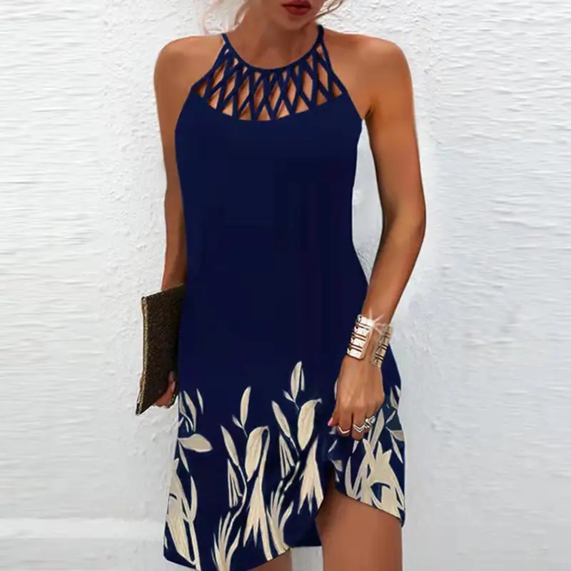 Mandylandy Ethnic Print Casual Mini Dress Women Summer Mesh Sleeveless Camis Dresses Hollow Out Loose Straight Sexy Dress