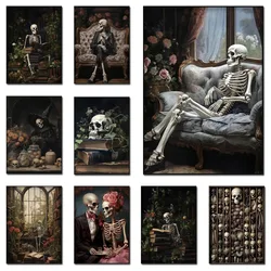 Vintage Gothic Wall Decor Skeleton Spooky Posters And Prints Dark Academia Floral Skull Canvas Art Painting For Living Room