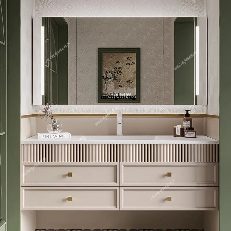 American cream wind rock slab seamless ceramic integrated wash basin bathroom cabinet combination solid wood wash table