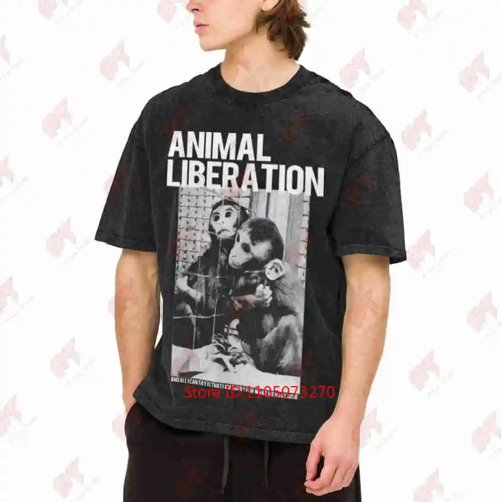 Animal Liberation Vegan Rights Punk Chimpanzee Human Equality Vintage Washed Tee Pure Cotton T-Shirt