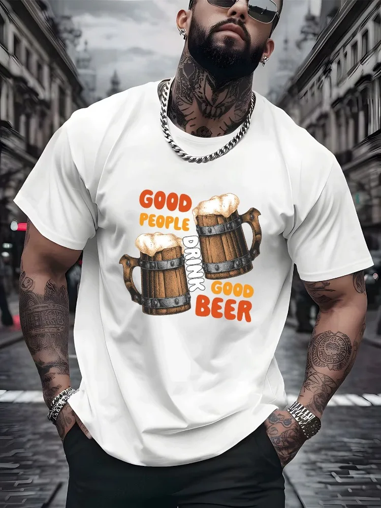 Men Black Crew Neck Cotton T Shirt Good People Drink Good Beer Wooden Beer Mug Retro Print Bar Party Short Sleeve Casual Tees