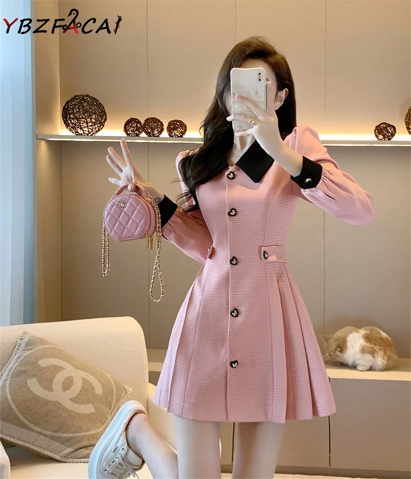 Pink Tweed Dress Women Elegant Luxury 2023 Spring Fall Long Sleeve Lapel Love Button Slim A Line Dress Korean Blazer Short Dress