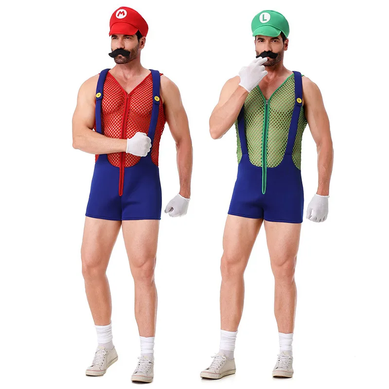 

Men Halloween Funny Super Mario Bros Cosplay Costumes Mesh Overalls Outfits for Party Role Playing Theme Party Set