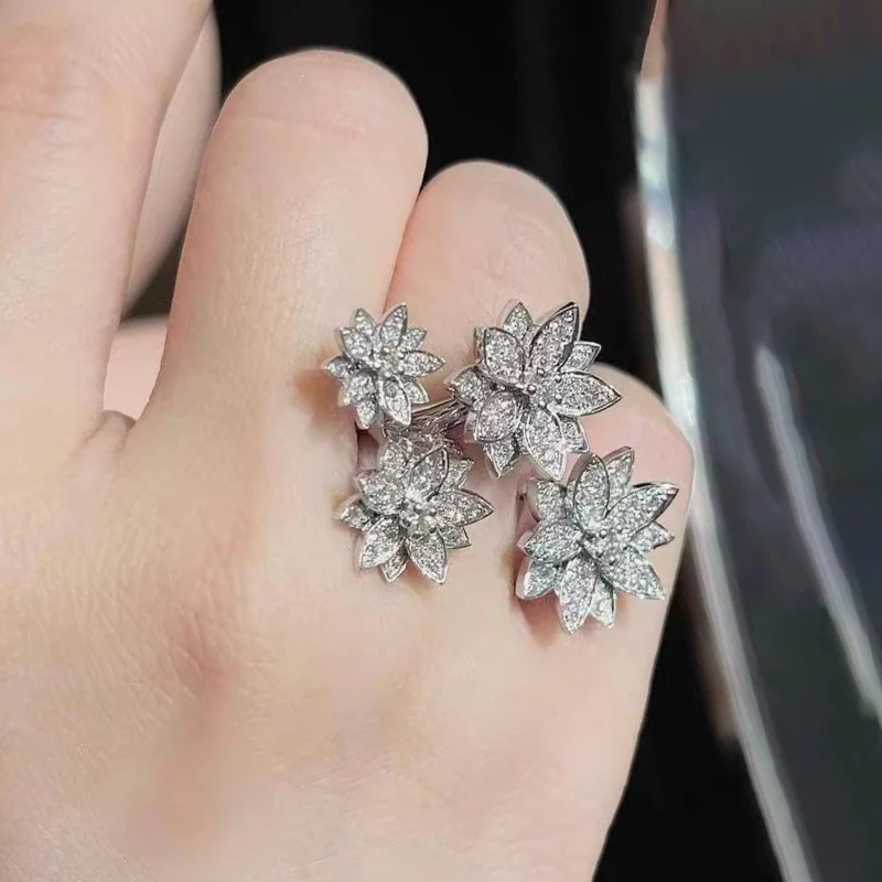 Elegant Full Diamonds Petal Flower Bud Rings for Women High-quality Exquisite and Sparkling Engagement Ring Accessories Jewelry