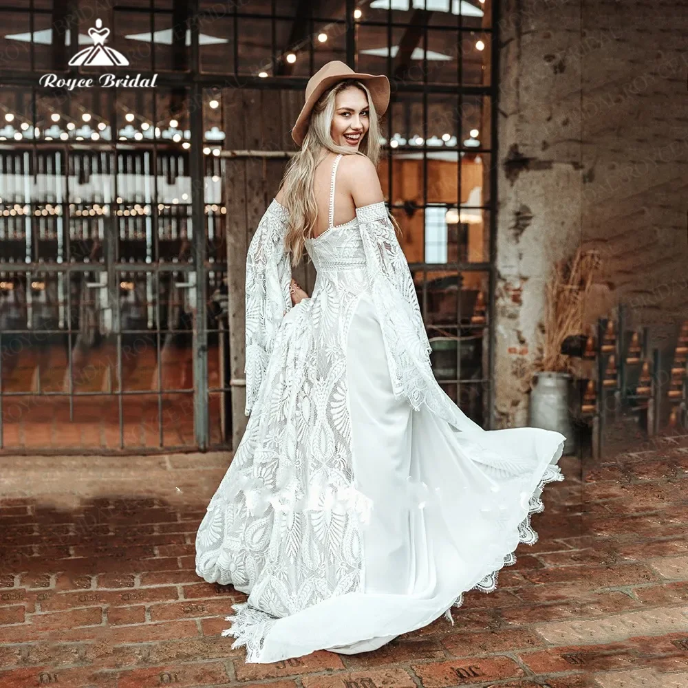 Bohemain A Line Wedding Dress Bare Shoulders Boho Boat Neck With Detachable Sleeves Sexy Side Split Customize Bride Gowns