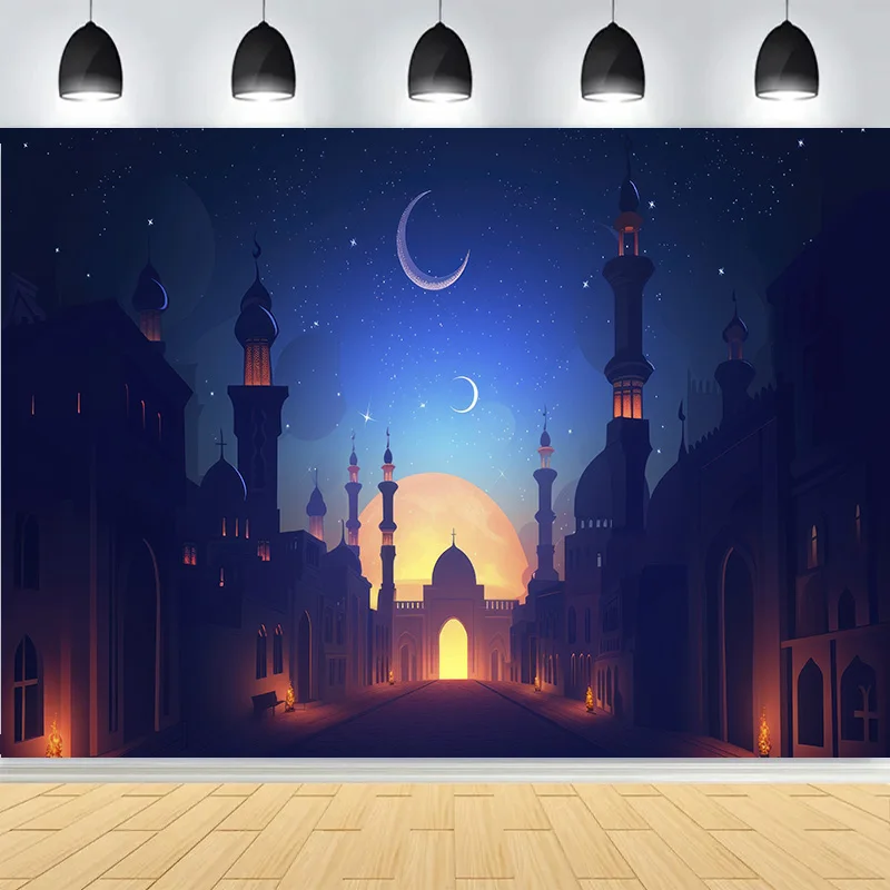 عيد الفطر التوضيح مع مسجد فانوس خلفيات للتصوير الفوتوغرافي الإسلامية الأضحى العربية قصر استوديو الصور خلفية MO-01