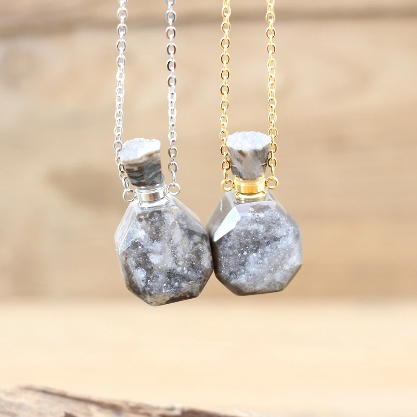 Natural Quartz Druzy Perfume Bottle Pendants Necklace Faceted Agates Geode Drusy Essential Oil Vial Charm Women Jewelry QC1150