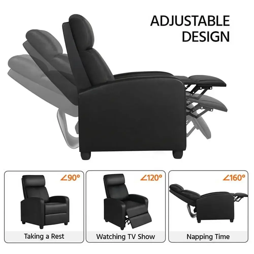 Padded Faux Leather Recliner Chair with Footrest Black Sturdy Comfortable Easy Cleaning Theater Seat 265 lb Capacity Push Back