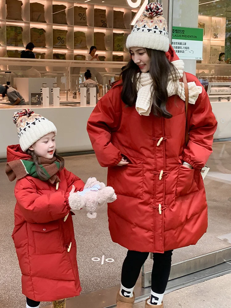 

2022 new mother-and-daughter winter dress girls down jacket long white duck down winter thickening coat tide