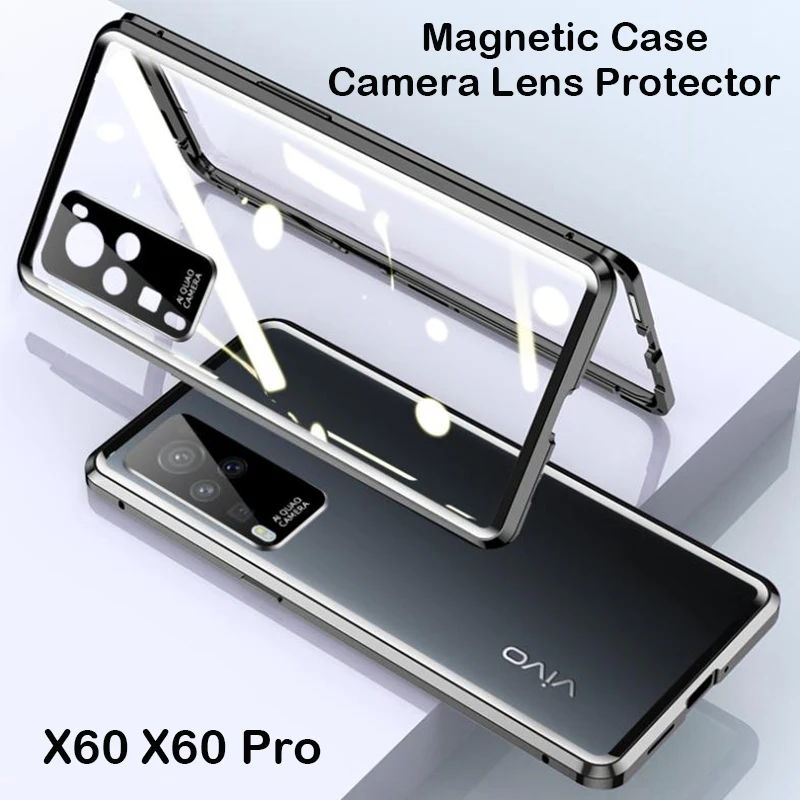 

Coque 360 Magnetic Case For vivo X60 Pro Plus 5G X50 X80 X70 X90 Case Metal Bumper Tempered Glass Cover Camera Protector Film