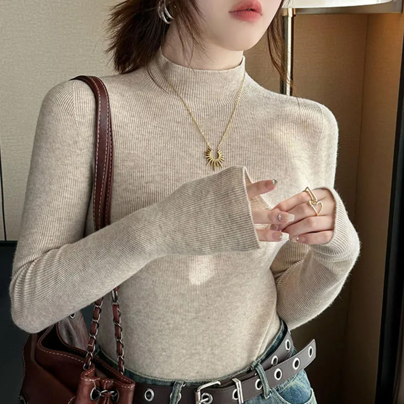 

Knitted Sweater Women Pullovers Fashion Slim Long Sleeve Knit Sweater Pullover Women Tops Black Mock Neck Sueters De Mujer Q2083