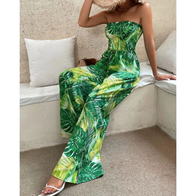 Verão sexy sem alças macacões feminino verão moda planta impressão cintura elástica festa de férias macacão