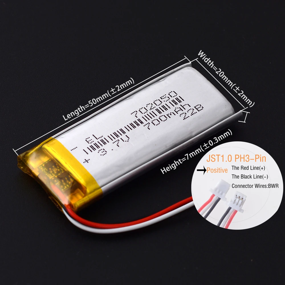 JST 1.0mm 3Pin 3.7V 700mAh 702050 Lithium Polymer LiPo Rechargeable Battery 302050 402050 502050 602050 802050 902050 102050