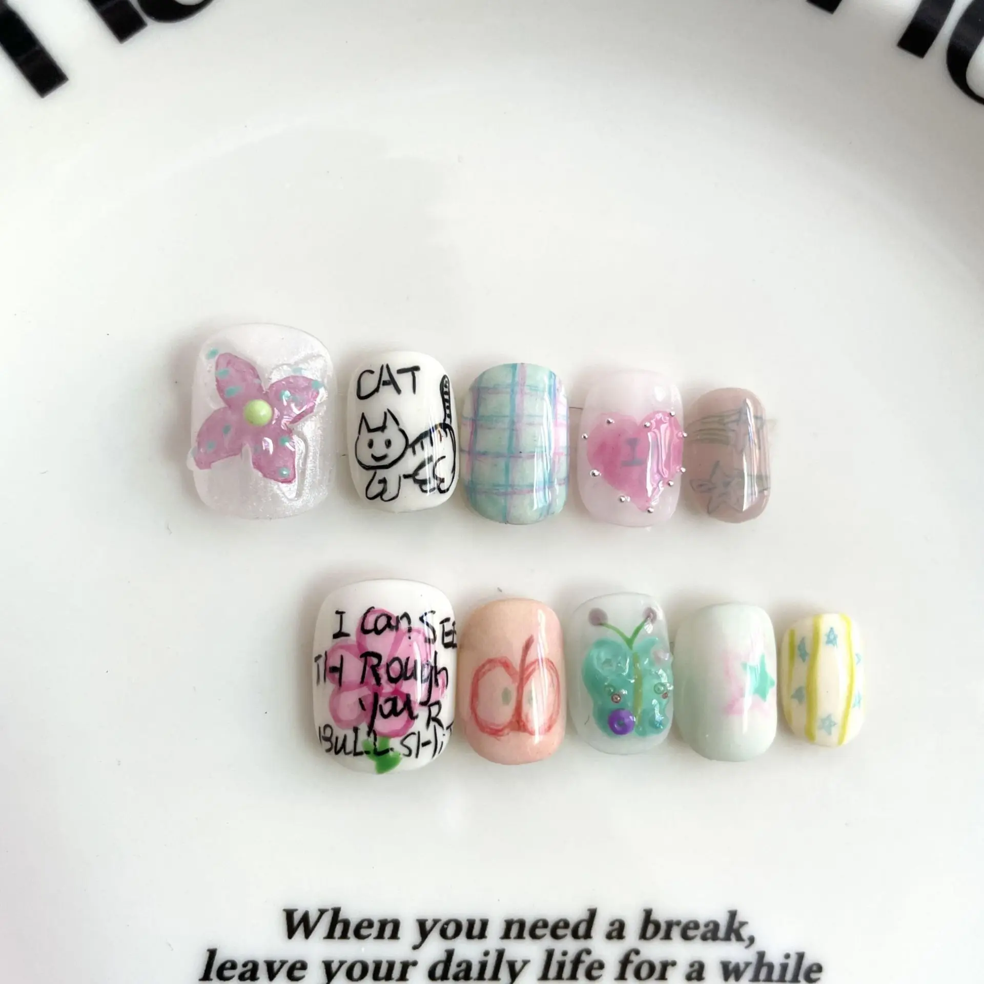 

10PCS Cute Short Square Round False Nails Hand-drawn Cartoon Cat Flowers Star Patterns Press on Nails Sweet Ins Fake Nails Tips