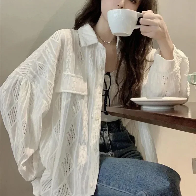 Women Clothing Fashion Hollow Out White Thin Shirts Spring Summer Long Sleeve Turn-down Collar Solid Button Tops Cardigan Coat