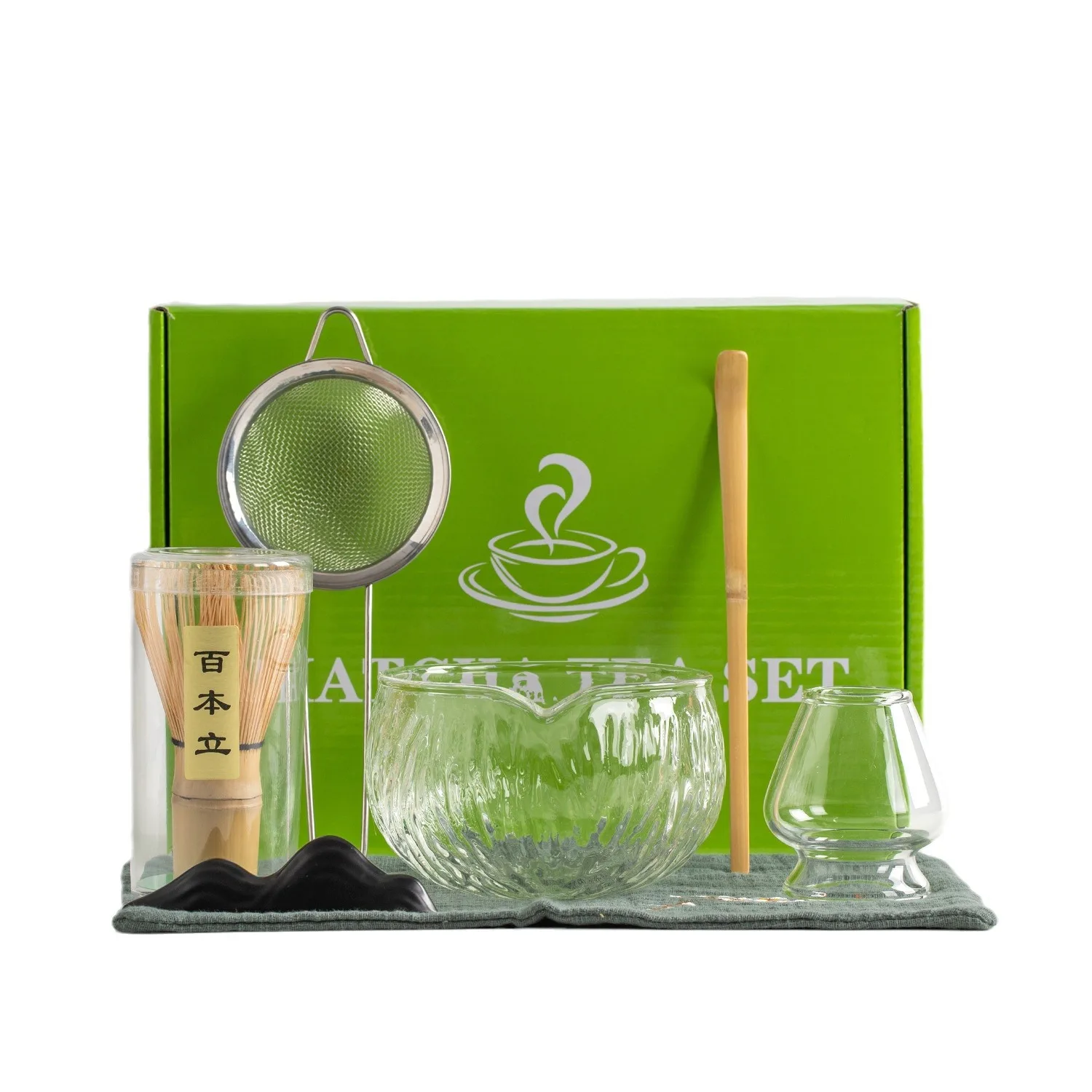 7PCS Glass Matcha Sets Hammered Transparent Round Chawan Chasen Holder Bamboo Tea Brush Traditional Tea Ceremony Culture Lover