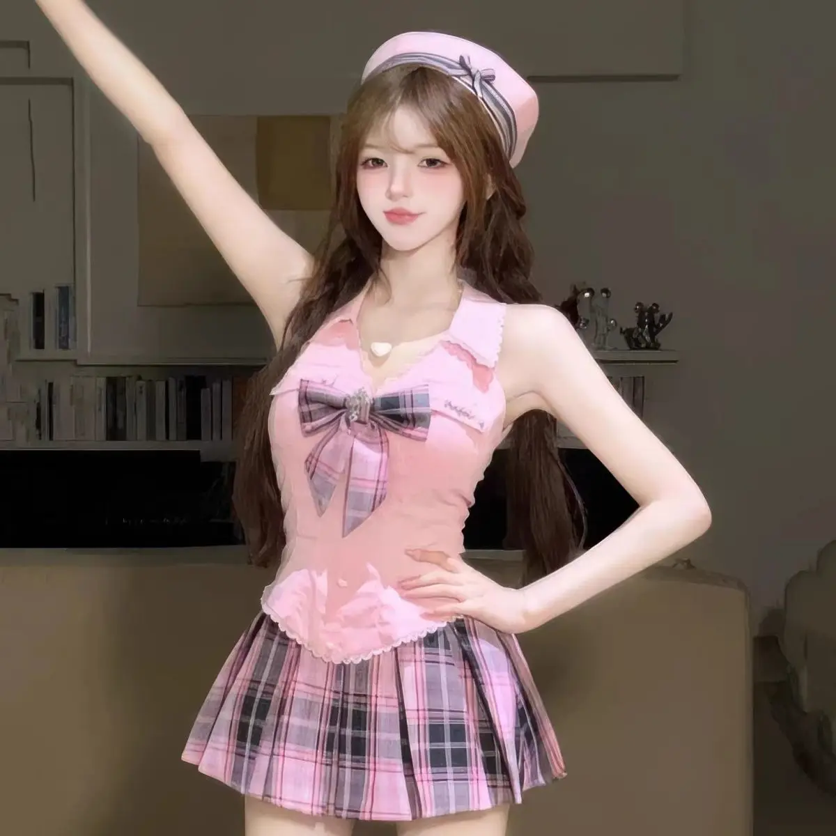 サマープレッピースタイルチェック柄デザインツーピースセット レディース セクシー エレガント レトロ スカートスーツ 女性 ノースリーブ シック 韓国風 人気服