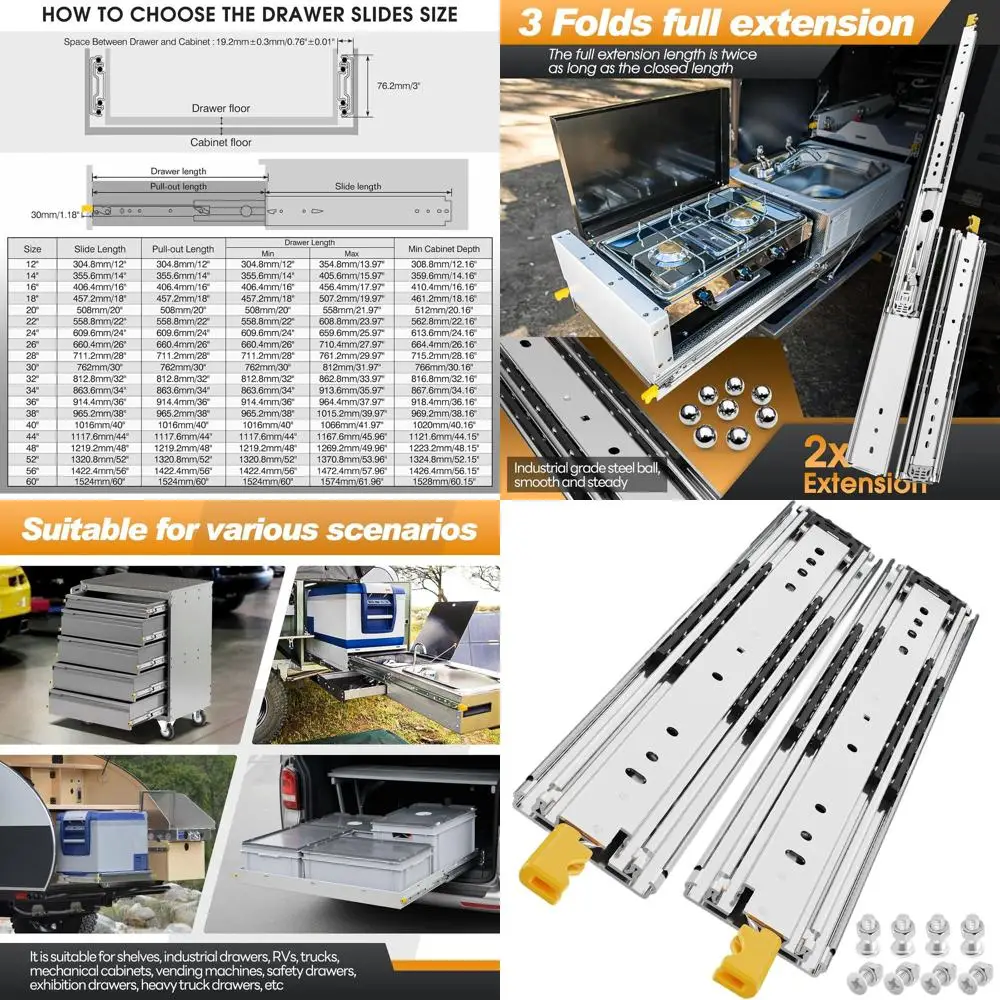 

Усиленные выдвижные направляющие с фиксацией для нагрузки до 227 кг, с шарикоподшипниками, боковое крепление, выдвижение 12-60 дюймов