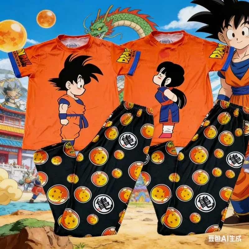 Conjunto de Pijama Bandai 2026 de Son Goku y Kiki, Trajes Familiares a Juego de Dibujos Animados para Niños y Niñas, Manga Corta y Pantalones Anchos, Secado Rápido para Verano