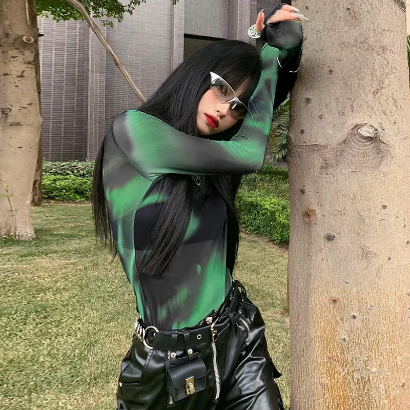 IMU Y2K Sexy Green Lace Mesh See Through T-shirts for Women Aesthetic Long Sleeve Tops Summer Slim Tees Blouses Streetwear Grung