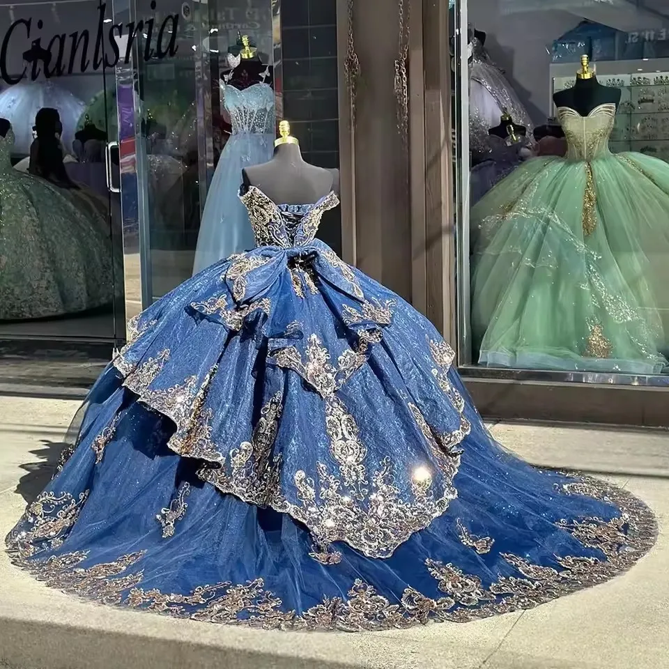 فستان Quinceanera من vestidos de 15 quinceañeras باللون الأزرق الداكن من التل Quinceanera مزين بالدانتيل الحلو 16 فستان Vestidos De 15 Años للحفلات الراقصة