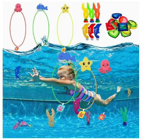 Pool Toys Diving Rings - 27PCS Swim Thru Rings Pool Game Diving Toys with Dive Ring Underwater Treasures Torpedo Bandits Fish To