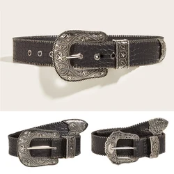 Vintage PU Leather Carved Pin Buckle Belt Women Retro Black Gothic Waistband Alloy Buckle Waist Strap For Jeans Decoration