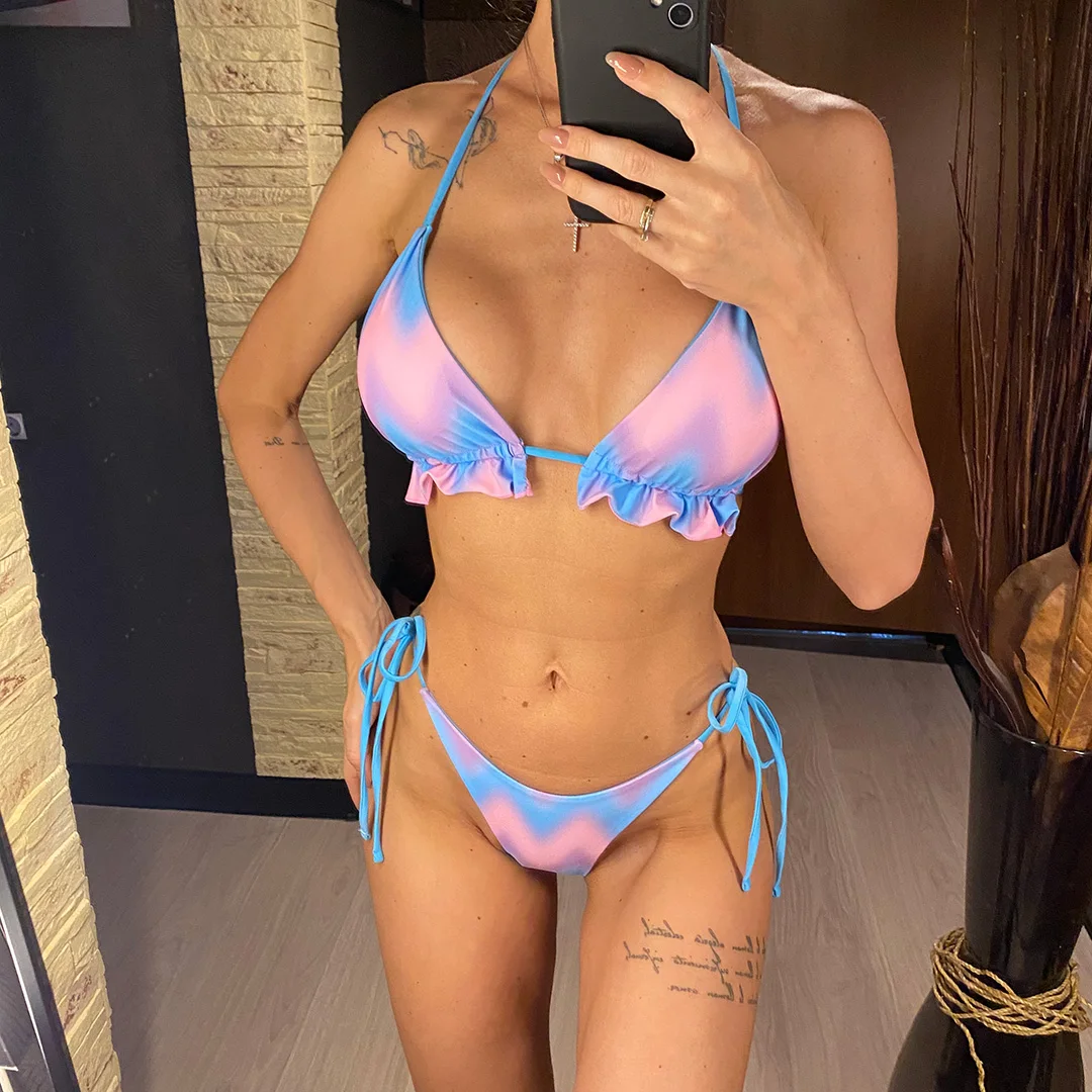 Mit Sarong Halter Tie Dye Bikini Damen Bademode, dreiteiliges Bikini-Set, gepolsterter Badeanzug, Badebekleidung, Schwimmanzug V4571 – Detail 7