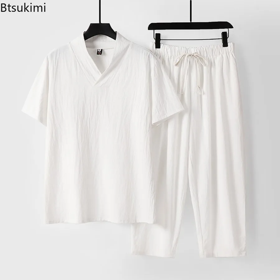 

New Chinese Style Men's Short-sleeved V-neck Cotton Linen T-shirt Casual Suit Summer Solid Retro Simple Tops Pants 2Pcs Set Male