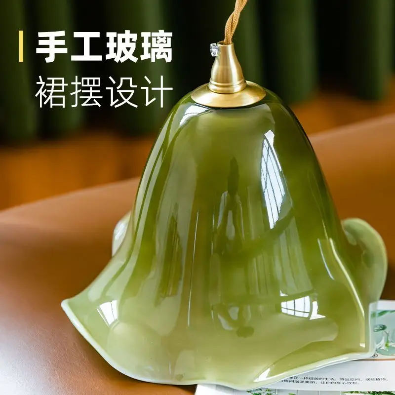 Green retro bedside pendant light gradient green glass small pendant light skirt design restaurant atmosphere entrance light