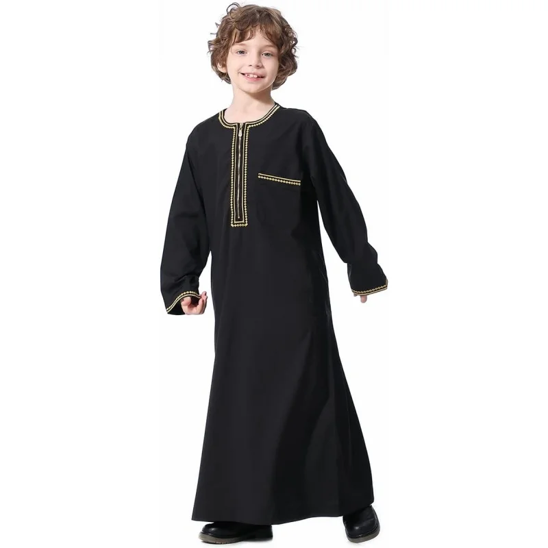 

Boy's Muslim Arab Solid Color Thobe Long Sleeve Kaftan Embroidered Robe Islamic Arabic Abaya Thobe