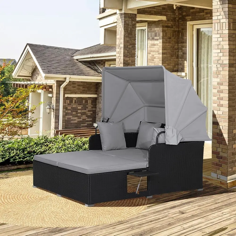 Outdoor Wicker Lounge Daybed, Hand-Woven PE Rattan Daybed, Patio Loveseat Sofa Set with Retractable & 2 Side Tables, Outdoor Sun