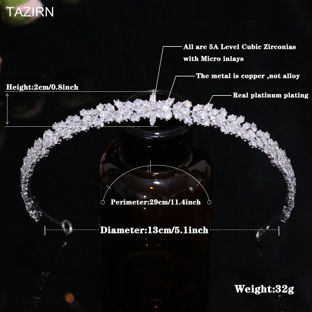 TAZIRN Fashion Zirconia Lengthened Wedding Bride Headband CZ Handmade African Arabic Bridal Hairband Evening Headpiece for Women