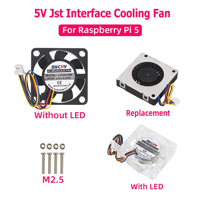 

5V Cooling Fan JST Interface PWM Speed Adjustable CPU Cooling Radiator For RaspberryPi 5 4G 8G Optional LED