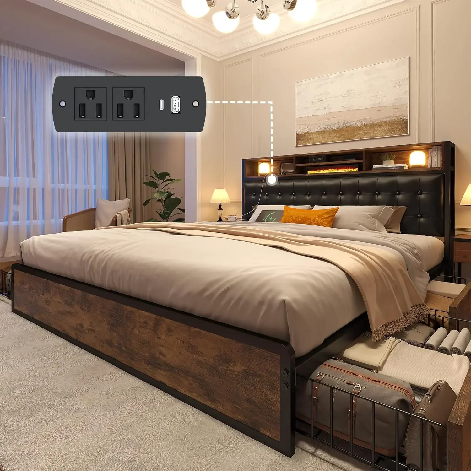 Queen Bed Frame with 4 Storage Drawers, Bed Frame Queen Size with Upholstered Headboard and Built in Charging Station