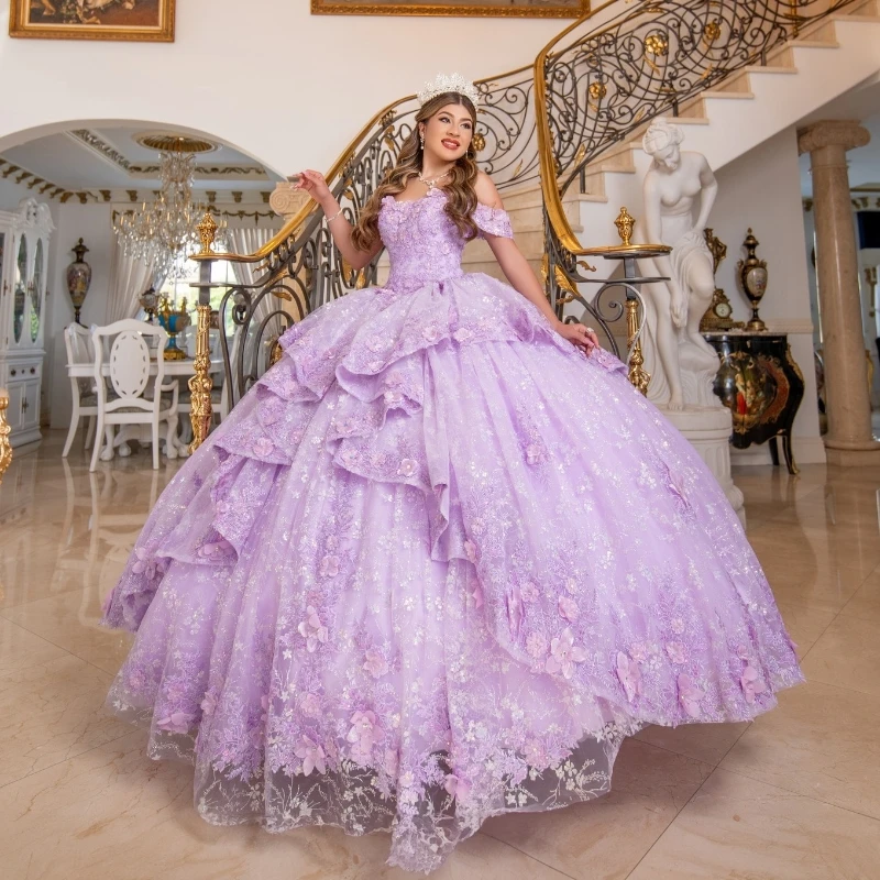 

Lilac Sweet 16 Dress Quinceanera Dresses Off Shoulder Sequin Applique Lace Beads Crystal Bow Tull Vestidos De 15 Anos Ball Gowns