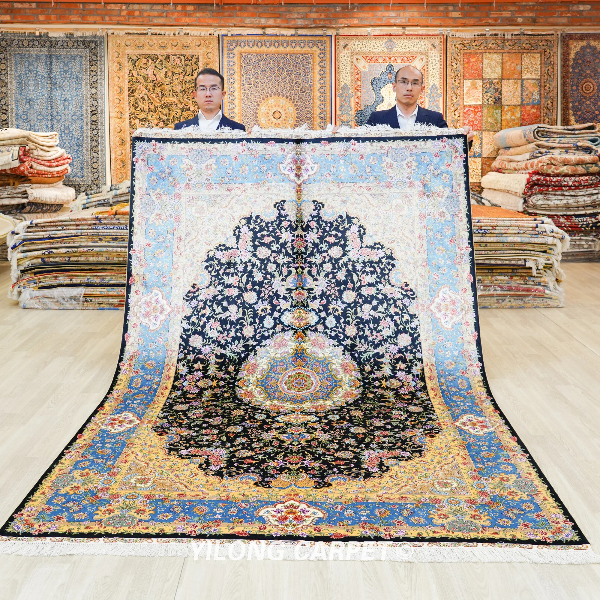 183x274cm Traditional Blue Qum Handmade Silk Carpets Oriental Turkish Rugs (ZQG691A)