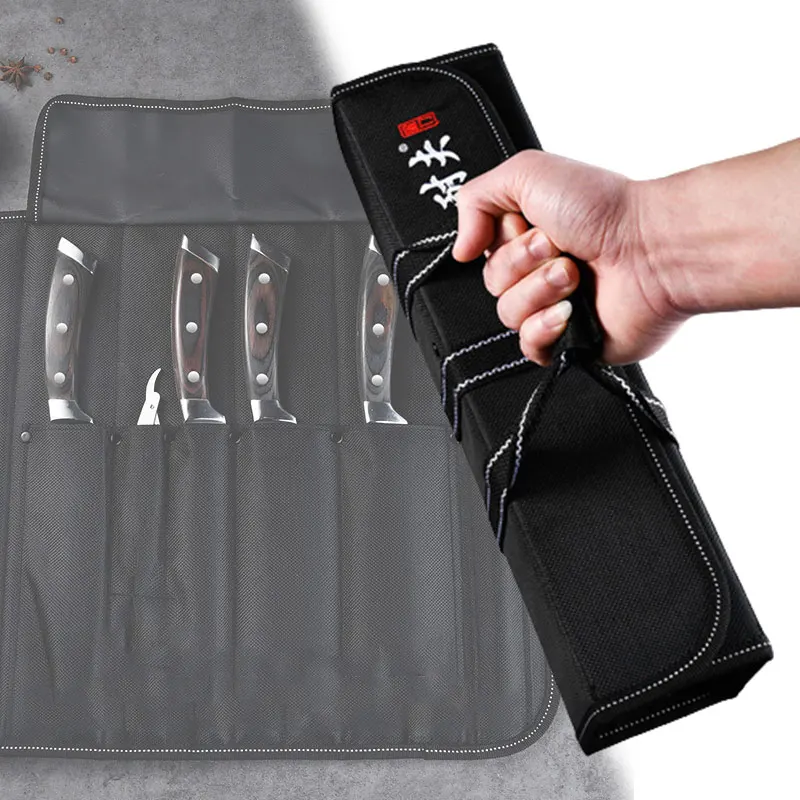 Oxford Fabric Knife Storage Bag with Portable Handle Knives Roll Bag Camping Kitchen Waterproof Oil-Proof Carry Pouch Tote Bag