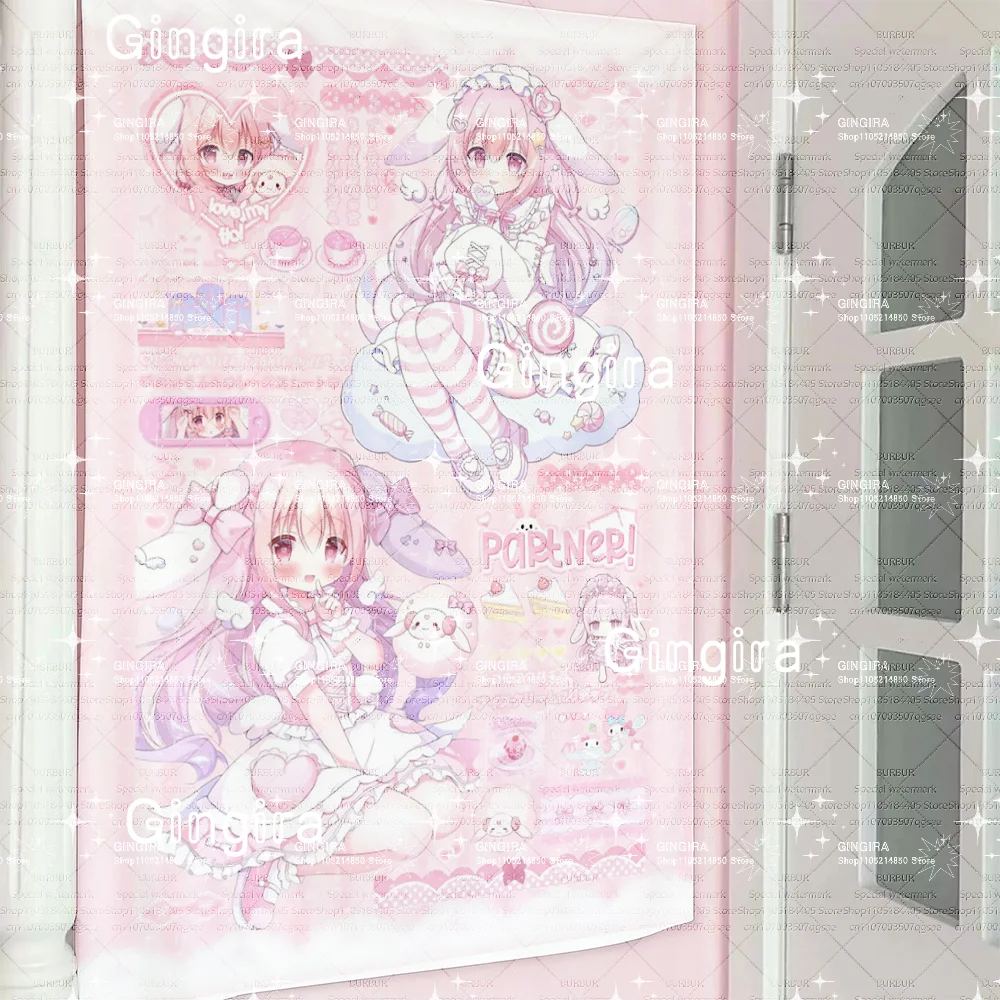 Kawaii Pink Bunny Girl Anime Tapestry Sweet Lolita Rabbit Ears Maid Wall Hanging Pastel Aesthetic Room Decor for Bedroom Dorm