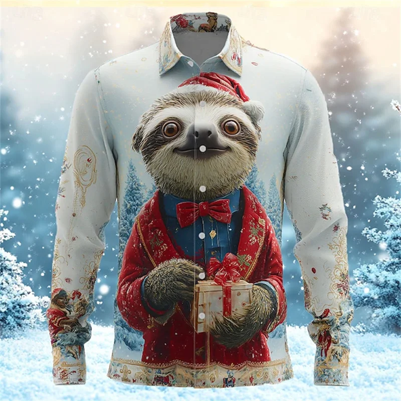 

Christmas Men's Animal Button-Up Shirt Long Sleeve Fun Outdoor Holiday Spring Autumn Lapel 3D Printed Lapel Shirt Red