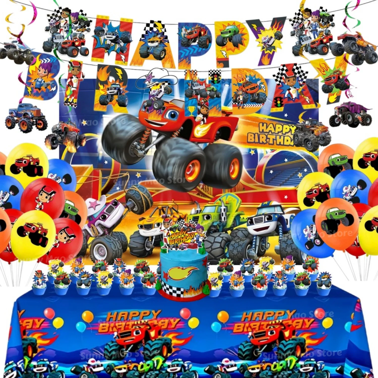 Set de Artículos para Fiesta de Cumpleaños de Blaze Monster: Mantel, Pancarta, Adornos para Pastel, Fondo, Globos, Máquinas, Decoración con Temática de Carreras para Niños