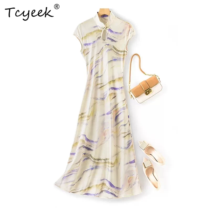 

Tcyeek, 93%Mulberry Silk Elegant Dresses,Women Stand Short Sleeve Printed,OL Commute Cheongsam Dress, 2024 Summer New D45353QC
