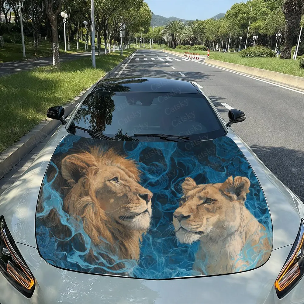 

Blue Flame Lion Car Hood Decal Sticker, Durable Car Vinyl Wraps Suitable For Most Vehicles, Car Engine Hood Protective Film,Car